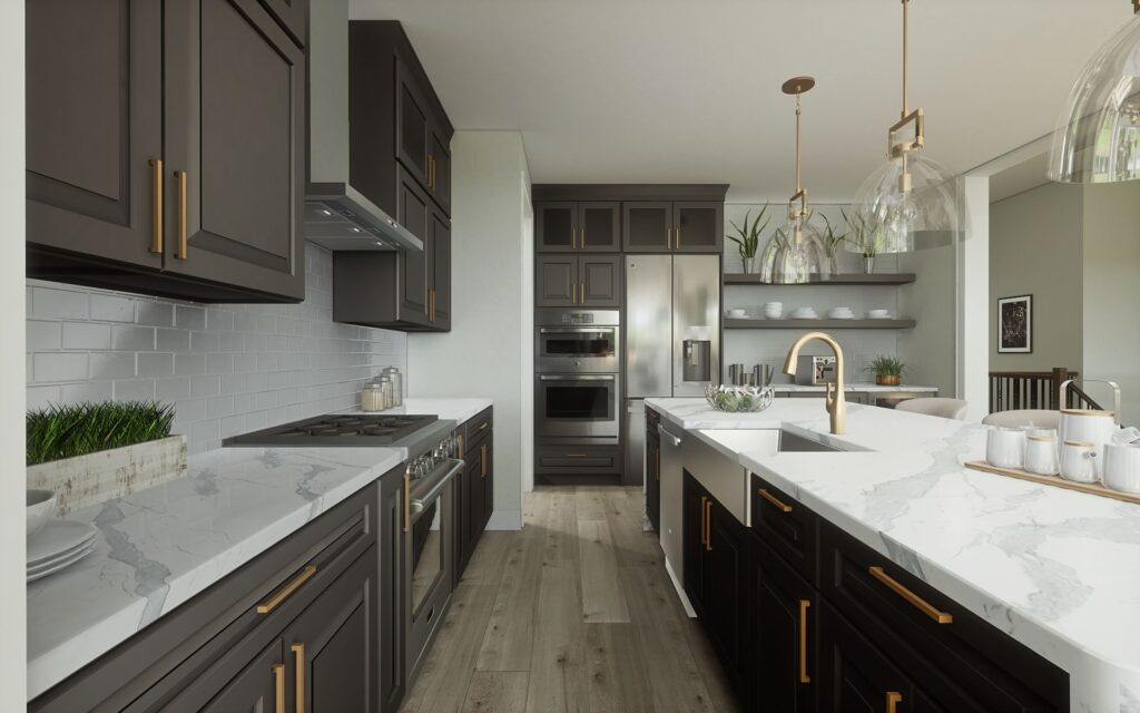 Sleek modern kitchen featuring dark cabinetry, white marble countertops with gray veining, gold hardware, and glass pendant lighting.