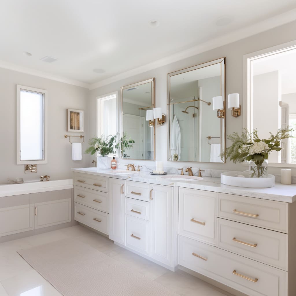 Luxurious bathroom featuring double vanity with gold fixtures, large mirrors, and off-white cabinetry.