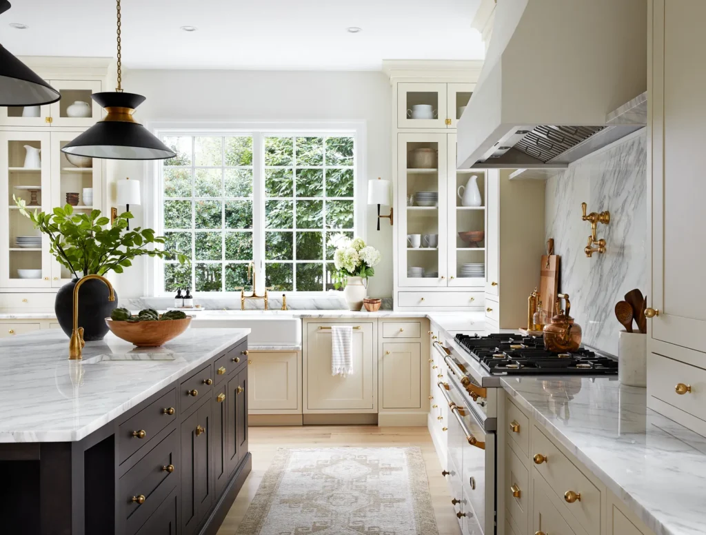 Bright luxury kitchen with cream cabinets, marble countertops, gold hardware, and a black island with a farmhouse sink