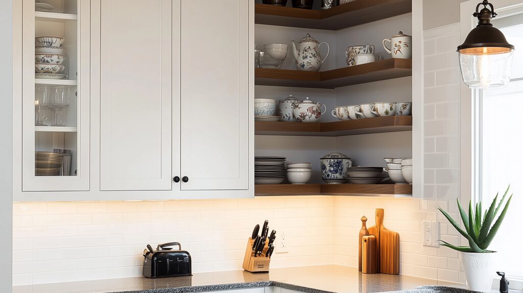 White corner kitchen cabinet featuring open wooden shelves with neatly arranged cups, teapots, and bowls near a window.