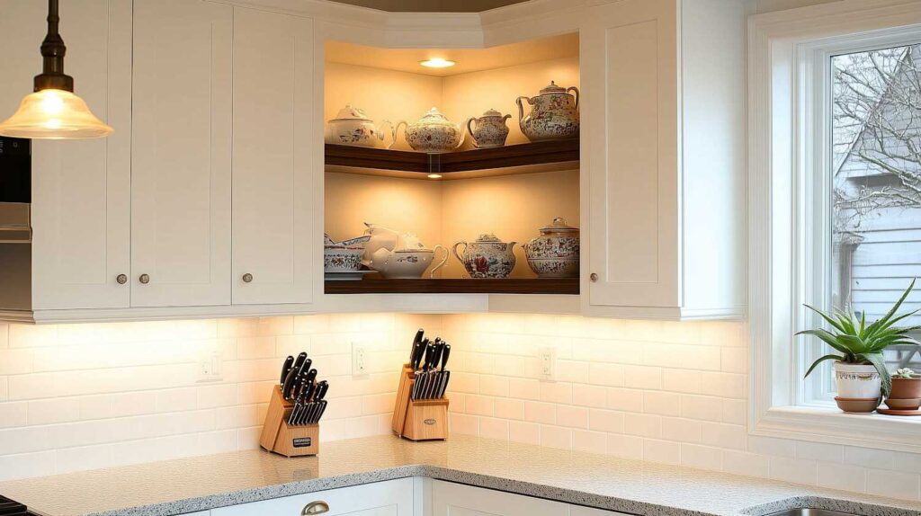 White corner kitchen cabinet featuring lit open shelves with decorative porcelain teapots and a tiled backsplash