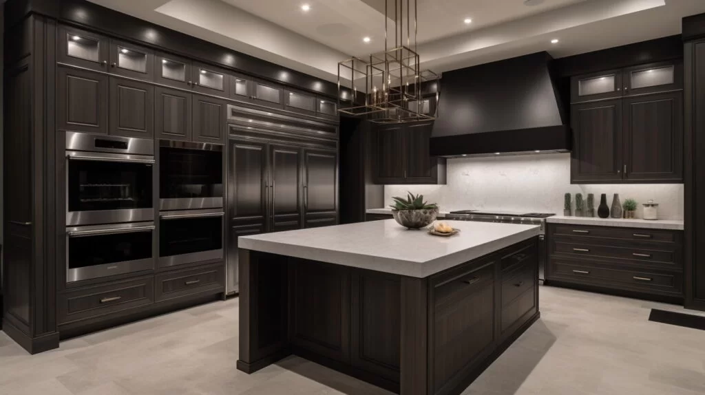 Contemporary kitchen featuring dark wood cabinets, built-in stainless steel appliances, and a minimalist island with quartz countertop.