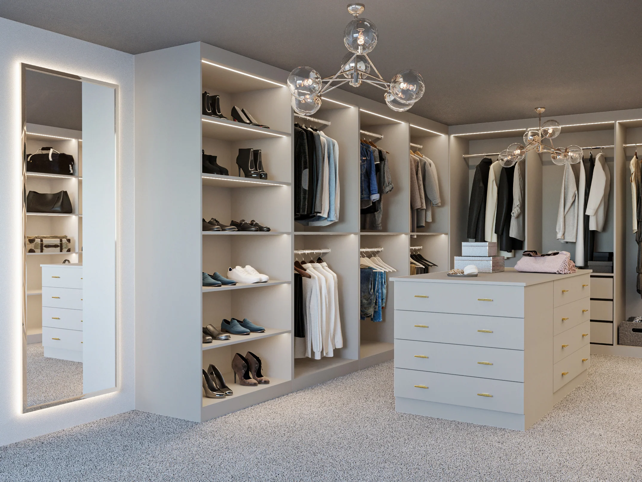 Contemporary walk-in closet with light gray cabinetry, an island with drawers, and LED-lit shelves