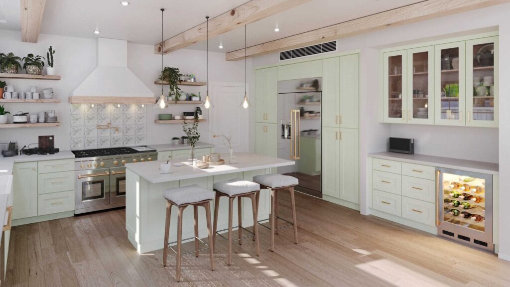 Modern kitchen featuring light green shaker cabinets, wooden beams, and open shelving