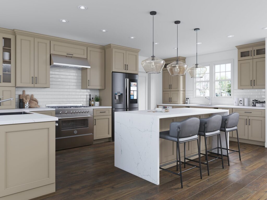 Modern kitchen featuring oyster-colored shaker cabinets, white waterfall island, and dark wood floors