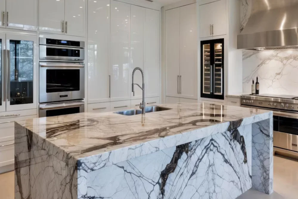 Modern kitchen featuring a striking black and white granite waterfall countertop island with matching backsplash and sleek white cabinetry.
