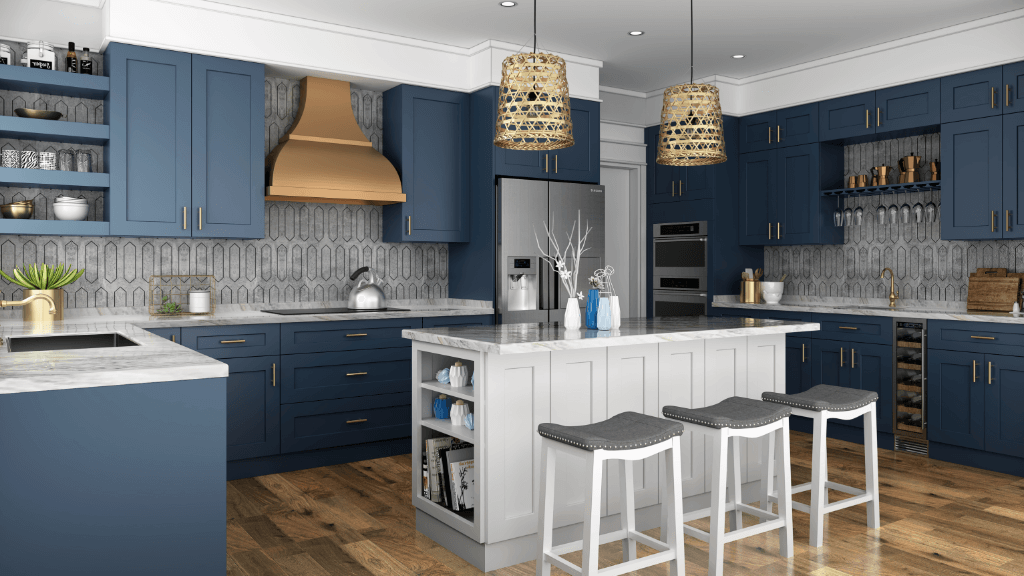Modern kitchen featuring navy blue shaker cabinets, marble countertops, and brass range hood