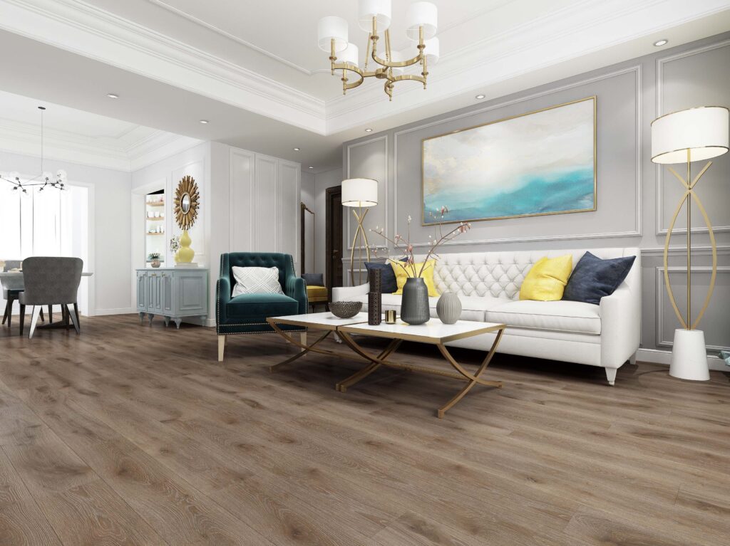 Chic Living Room with Elegant Wide-Plank Wood Flooring