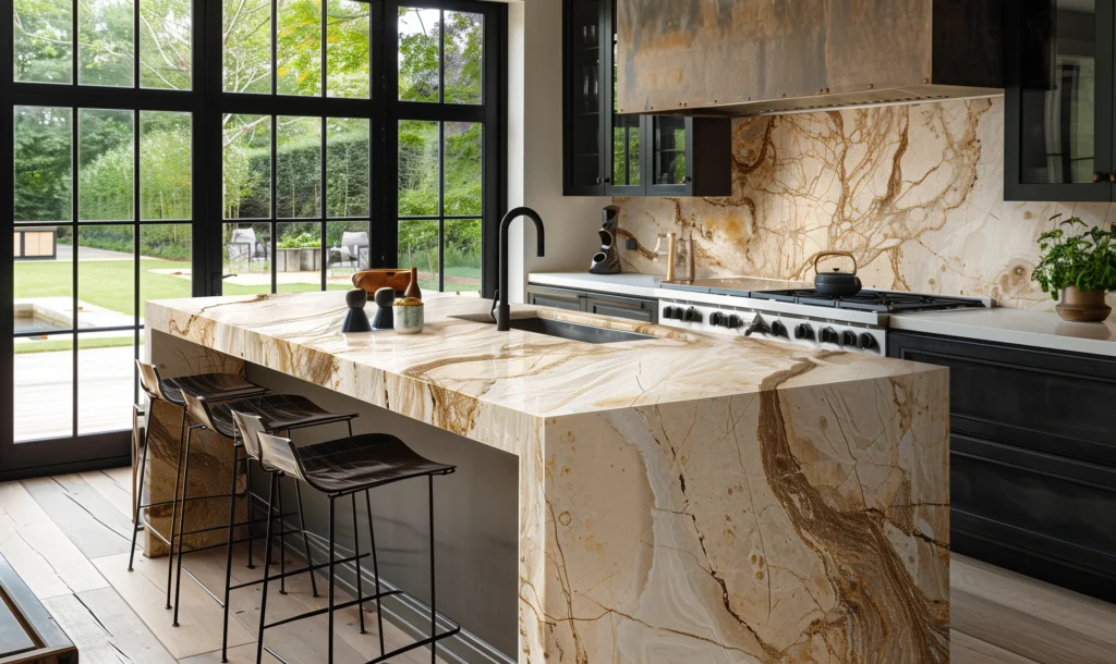 Luxurious kitchen with a striking marble waterfall island and matching backsplash.