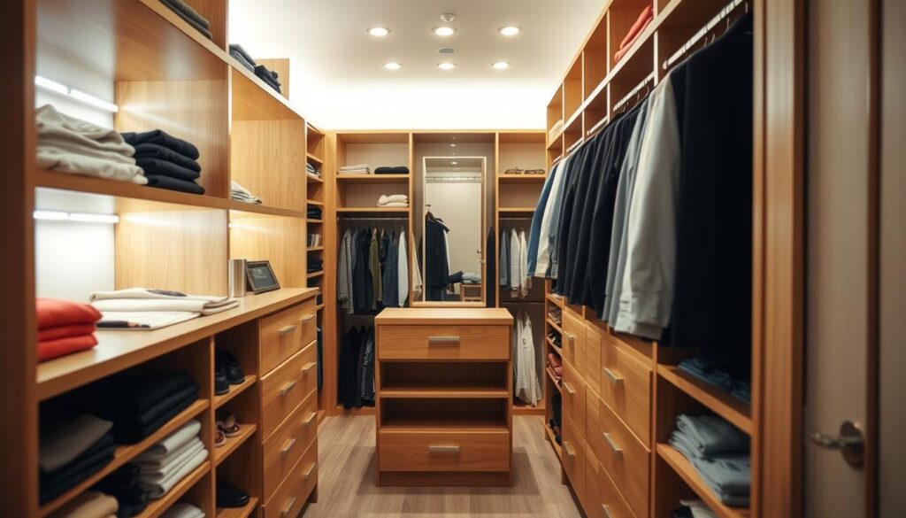 narrow walk-in closet layout